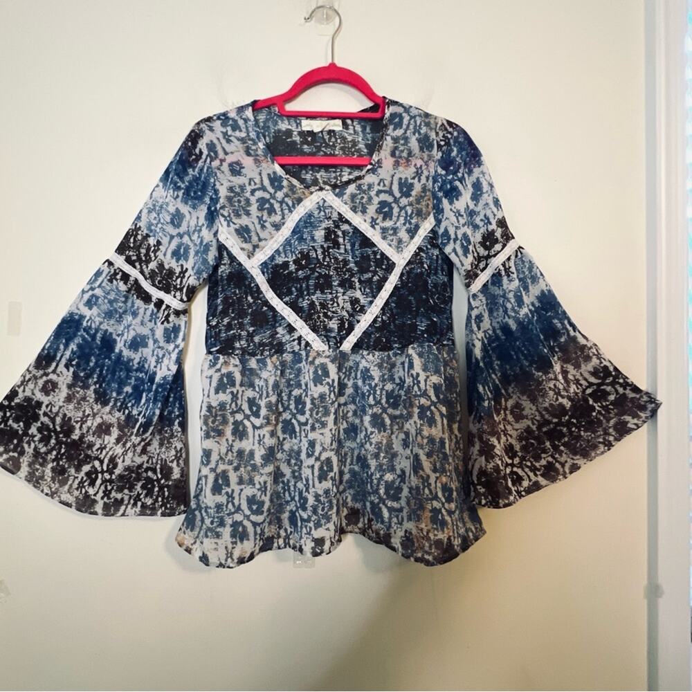 Staring at Stars Y2K Bell Sleeve Top Sz XS Semi Sheer Blue Blouse Boho Festival